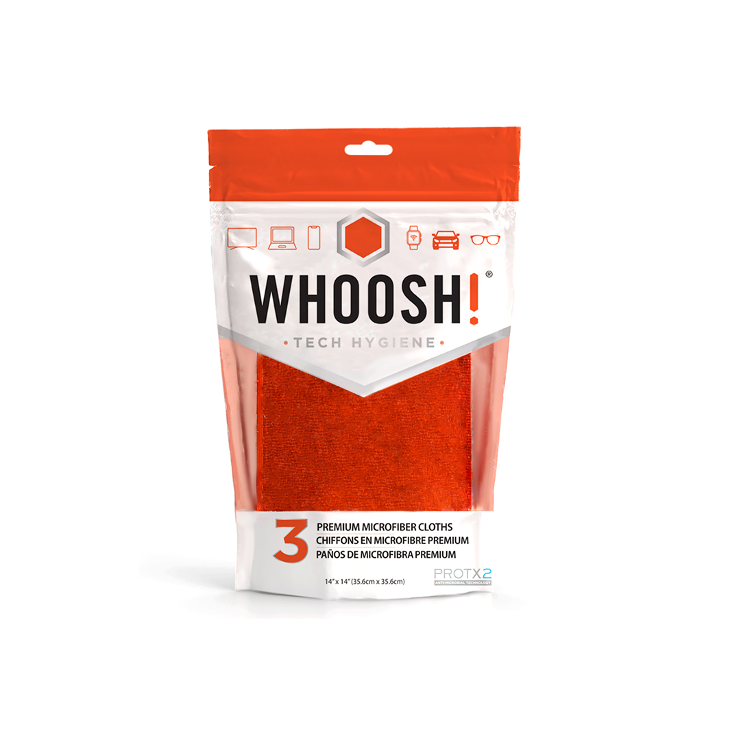 WHOOSH! Premium microfibre cloths 3 pack in retail packaging, showing three large orange cloths for streak-free cleaning of screens, glasses and devices.