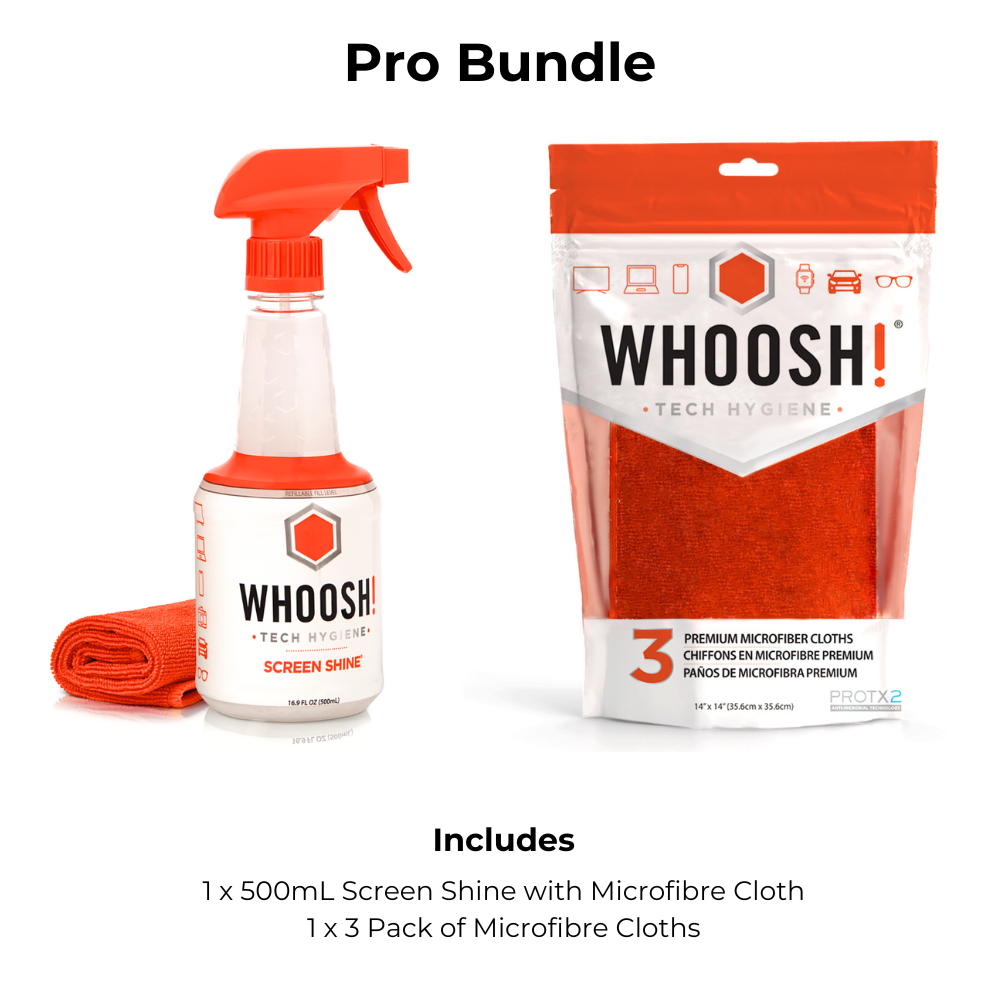 WHOOSH! Pro Bundle showing a 500mL Screen Shine spray with microfibre cloth and a 3 pack of premium microfibre cloths, providing a complete screen cleaning solution for home, office and shared devices.