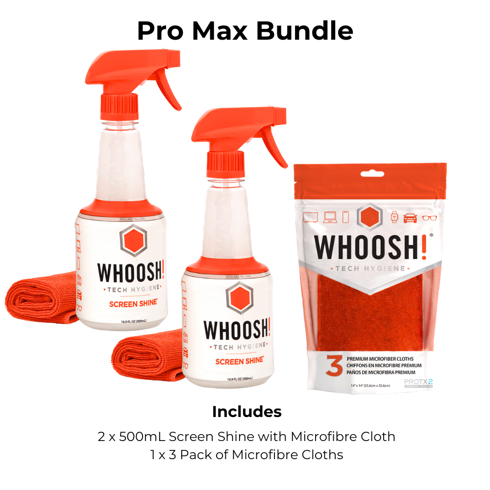 WHOOSH! Pro Max Bundle showing two 500mL Screen Shine sprays with microfibre cloths and a 3 pack of premium microfibre cloths, delivering a high-capacity screen cleaning solution for homes, offices and shared devices.