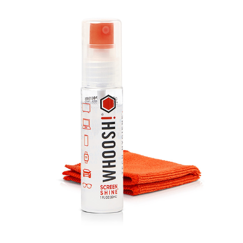 WHOOSH! Screen Shine 30ml pocket spray with orange microfibre cloth on a white background, showing a compact, travel-friendly screen cleaner for phones, tablets and laptops.