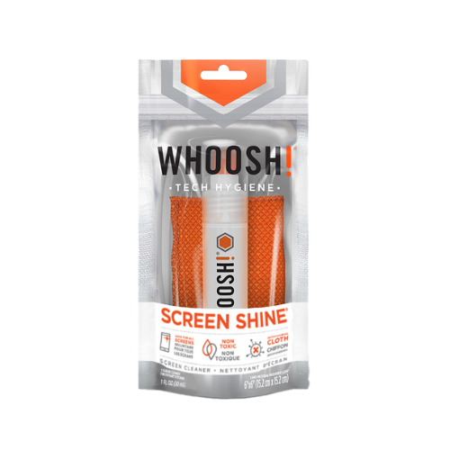 WHOOSH! Screen Shine 30ml retail pack, showing the pocket-sized screen cleaner with microfibre cloth for on-the-go cleaning of phone, tablet and laptop screens.