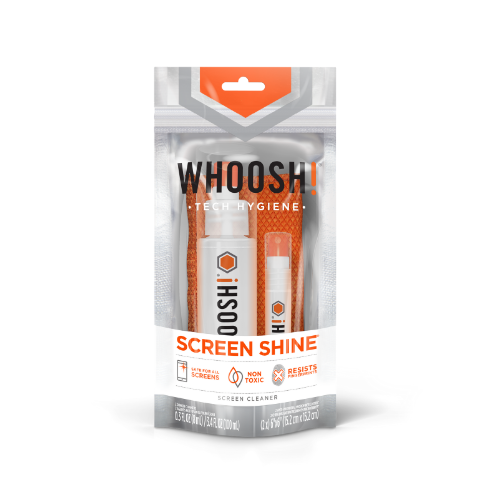WHOOSH! Screen Shine Duo retail pack, showing the full-size spray, pocket spray and microfibre cloth for complete at-home and on-the-go screen cleaning
