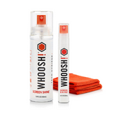 WHOOSH! Screen Shine Duo set with full-size spray, 30ml pocket spray and orange microfibre cloth, offering at-home and on-the-go screen cleaning for phones, tablets and laptops.