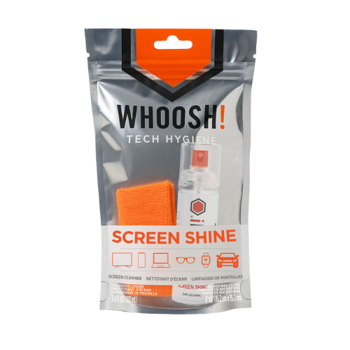 WHOOSH! Screen Shine Go XL retail pack with spray bottle and orange microfibre cloth, showing a ready-to-use portable kit for cleaning phones, tablets, laptops and car touchscreens on the go,