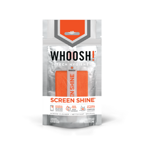 WHOOSH! Screen Shine Pocket retail pack, showing the compact screen cleaner with built-in microfibre cloth for on-the-go cleaning of phone, tablet and laptop screens.