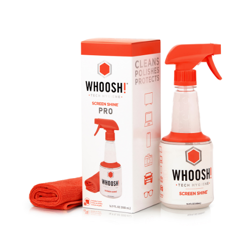WHOOSH! Screen Shine Pro kit with spray bottle, orange microfibre cloth and retail box on a white background, showing a complete solution for cleaning and protecting screens and devices.