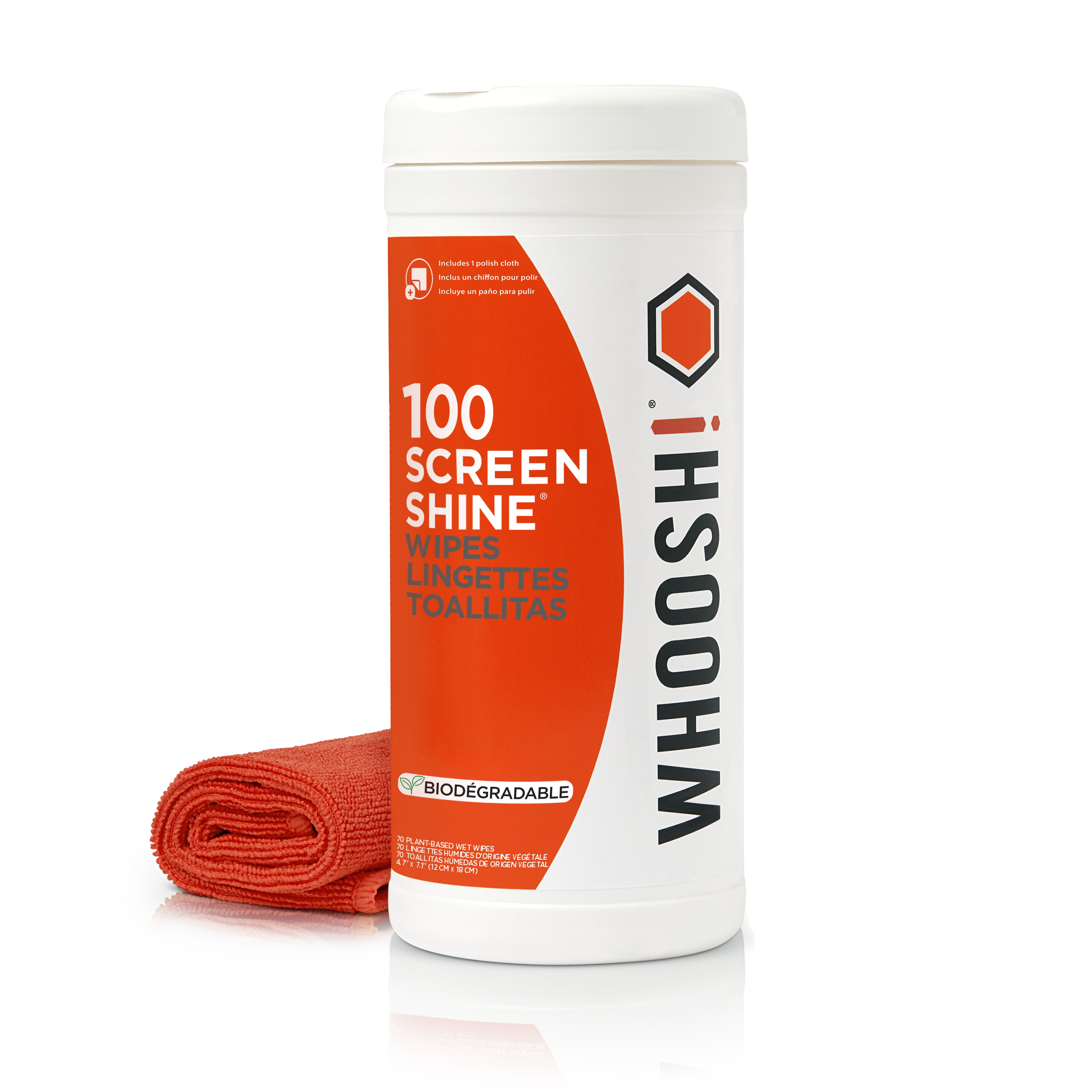 WHOOSH! Screen Shine 100 count biodegradable screen cleaning wipes in a white canister with an orange microfiber polishing cloth beside it