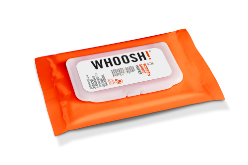 WHOOSH! Screen Shine Wipes 20 pack shown horizontally in an orange resealable pouch, featuring pre-moistened wipes for streak-free cleaning of phone, tablet, laptop and TV screens.