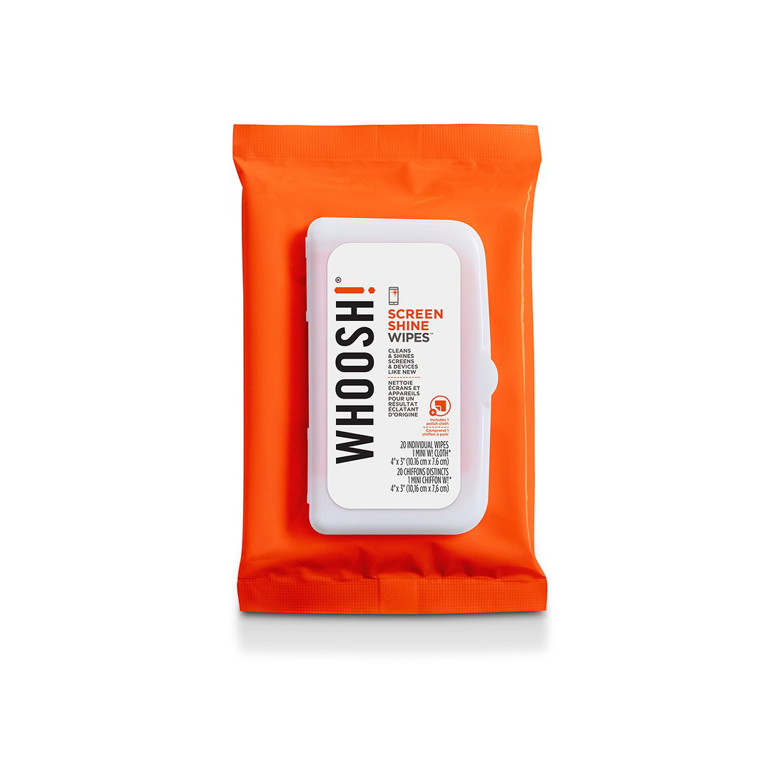 WHOOSH! Screen Shine Wipes 20 pack in an orange resealable pouch, showing pre-moistened wipes for safely cleaning phone, tablet, laptop and TV screens without streaks or fingerprints.